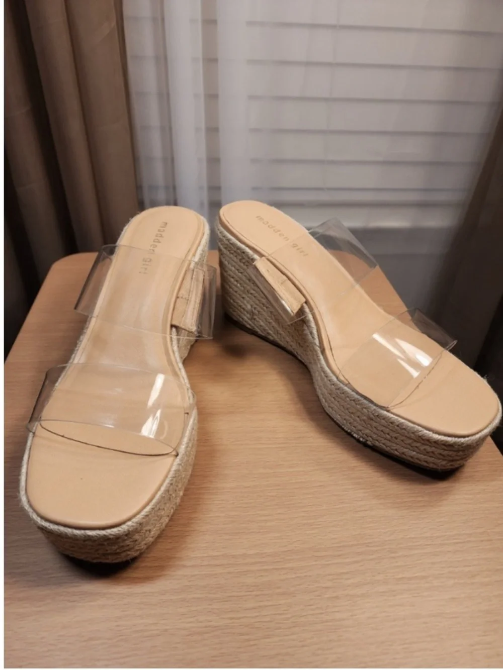 Slip On Clear Strap Espadrille Wedge Sandal Mule - Tan Beige SZ 10 M